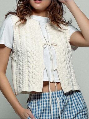 Joie Cotton Cream Cable Knit Sleeveless Tie-Front Vest
